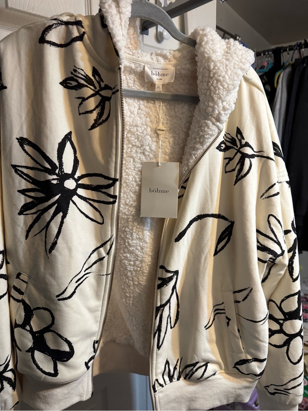 bohme Cream Floral Sherpa Zip Jacket